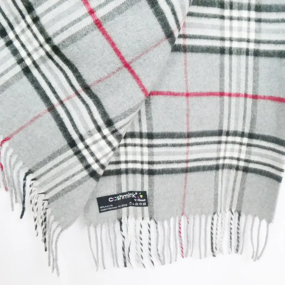 V.Fraas Cashmink Scarf Gray Plaid Check Soft Brushed Long Rectangle Fringe